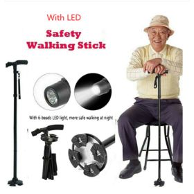 Folding LCD Walking Stick Cane With Flashlight For Senior Aluminium Travel Hiking Cane Trekking Pole Crutch Handle Strap 5 Gears (Color: Black)